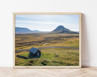 Krýsuvík Church Iceland Photography, Icelandic Church with White Picket Fence, South Iceland Photo Print Wall Art, Brown Chuch with Cross