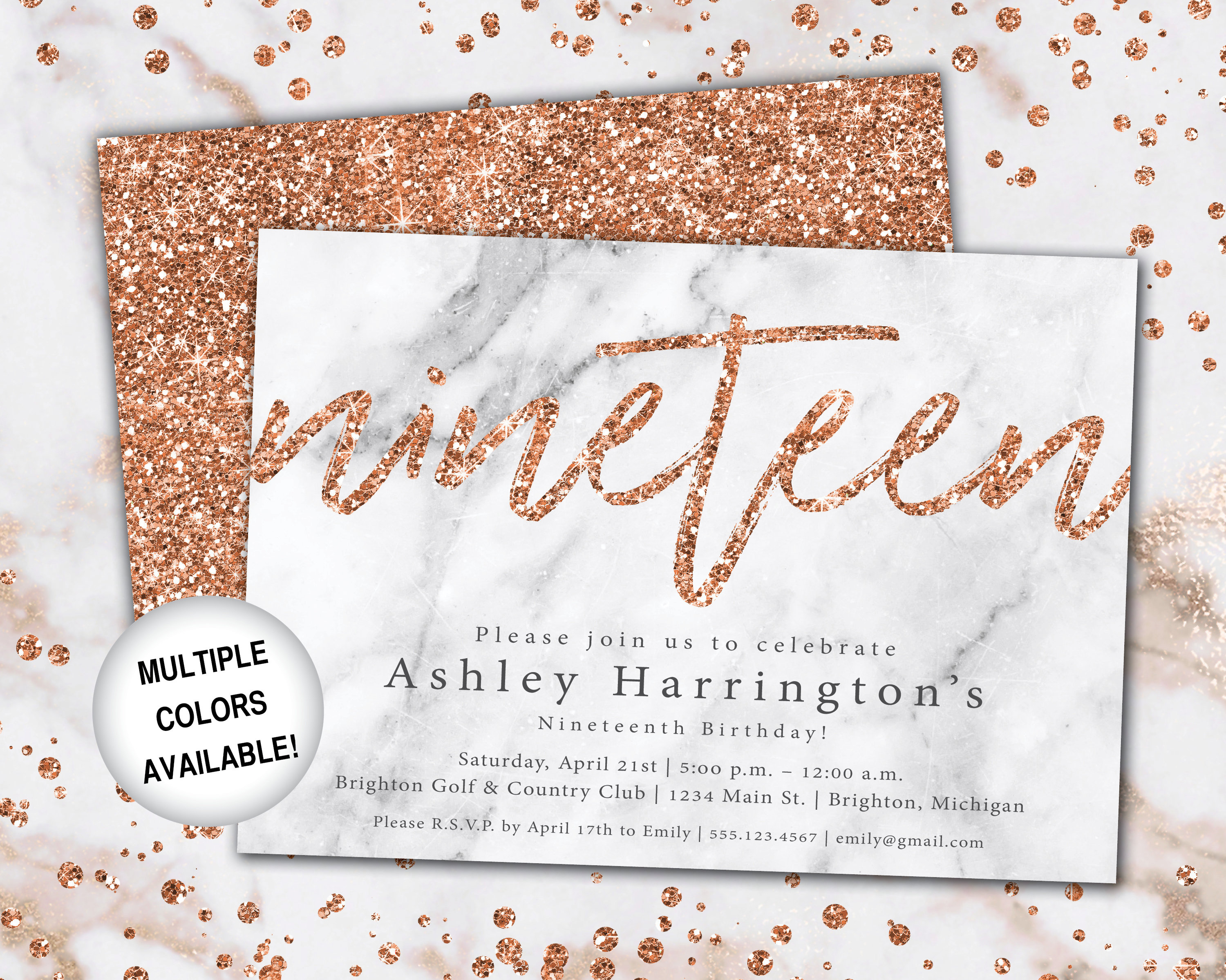 19th Birthday Invitation Rose Gold | Nineteenth Birthday Invitation ...