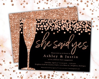 Engagement Party Invite Rose Gold Glitter with Champagne Glass Bubbles | She Said Yes Bubbly Invitation for Engagement, Bridal, Bubbles