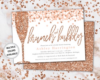 Brunch and Bubbly Bridal Shower Invitation | Rose Gold Brunch & Bubbly Invitation with Glitter | Brunch and Bubbly Invitation Champagne