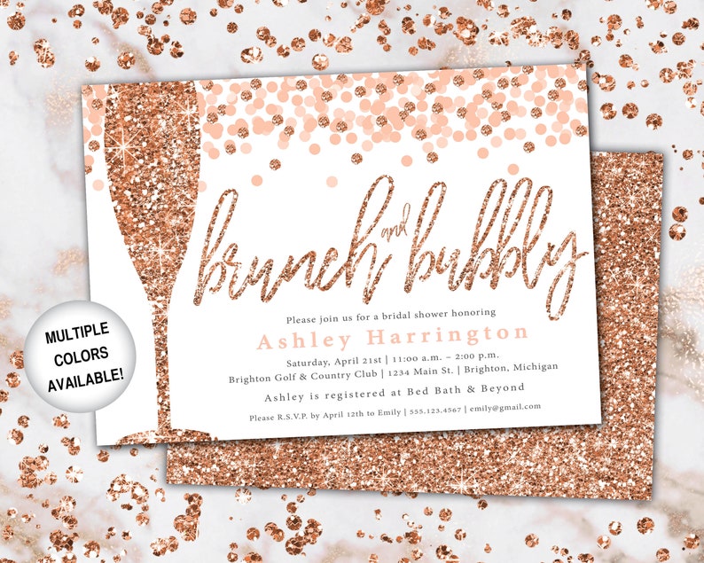 Brunch and Bubbly Bridal Shower Invitation Rose Gold and Navy Brunch & Bubbly Invitation Glitter Brunch and Bubbly with Champagne image 4