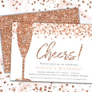 Cheers Invitation Rose Gold Champagne Glass for Birthday, Bridal Shower, Bachelorette Party or Any Celebration | Rose Gold Glitter Bubbles