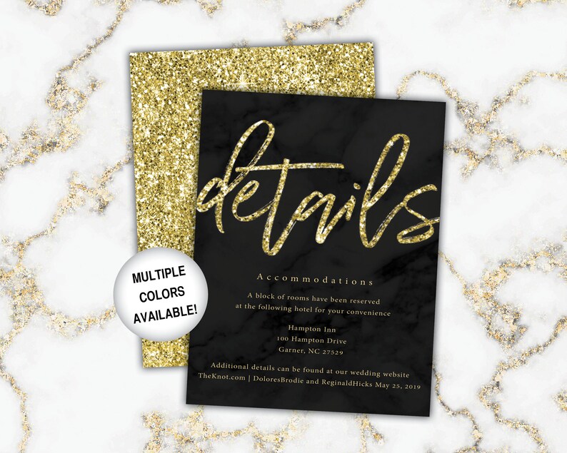 Gold Wedding Details Cards Wedding Details Insert Gold Glitter Wedding Details Piece for Invitations Gold and White Marble Wedding image 6