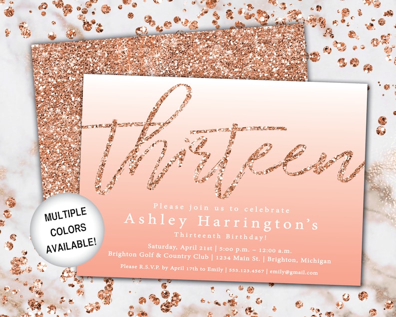 13th Birthday Invitation Rose Gold Thirteenth Birthday Invitation Template Rose Gold Rose Gold 13th Birthday Invitation Party Invite image 5