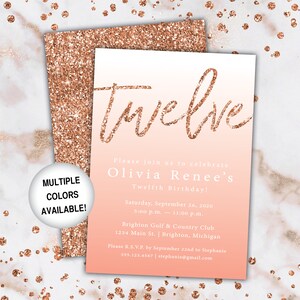 12th Birthday Invitation Rose Gold | Twelfth Birthday Invitation Template Rose Gold | Rose Gold 12th Birthday Invitation | Party Invite