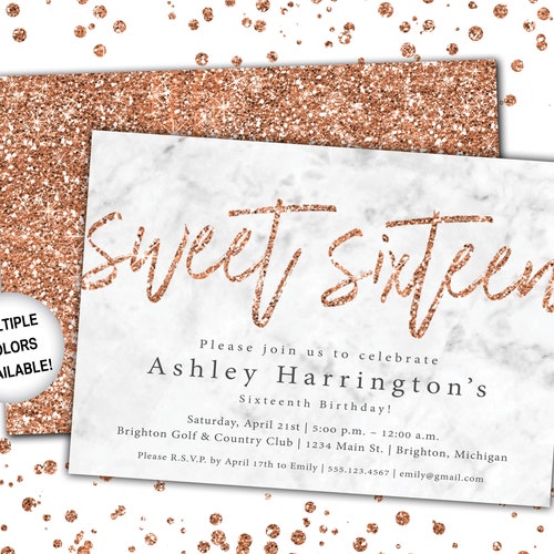 Sweet 16 Rose Gold Birthday Party Invitation Editable Etsy
