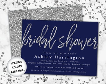 Silver and Navy Bridal Shower Invitation | Bridal Shower Invitation Template Navy and Silver Glitter | Wedding Shower Invitation | Printable