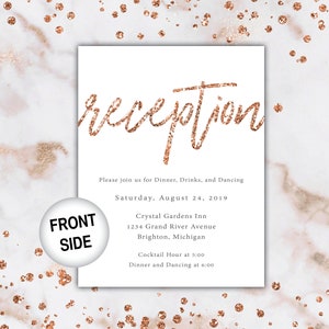 Rose Gold Reception Cards Wedding Reception Cards Rose Gold Glitter Wedding Reception Invitations Wedding Reception Template Card image 4