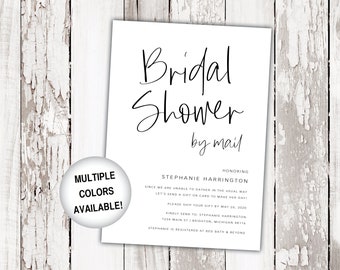 May include: A white card with black text announcing a bridal shower by mail for Stephanie Harrington. The card includes the date and address to send gifts to. The text "Multiple Colors Available!" is written on a separate card.
