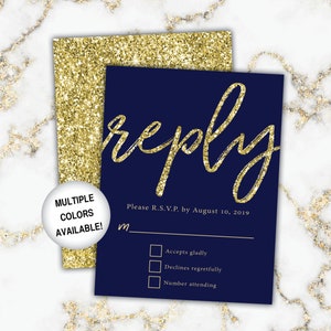 Carte di risposta di nozze d'oro e blu / Carte RSVP di nozze Oro e blu navy / Carte di risposta di nozze blu e oro con inviti / Carte RSVP