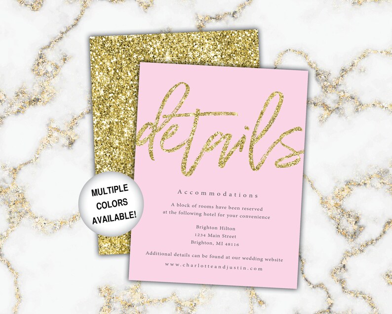 Gold Wedding Details Cards Wedding Details Insert Gold Glitter Wedding Details Piece for Invitations Gold and White Marble Wedding image 9