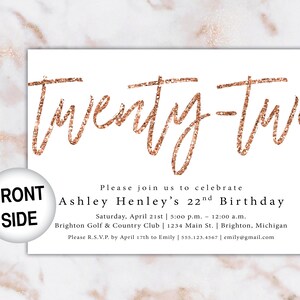 22nd Birthday Invitation Rose Gold 22nd Birthday Invitation Template Rose Gold Rose Gold 22nd Birthday Invitation Party Invite image 3