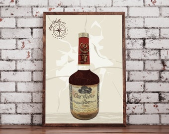 Old Weller Antique Wall Art, Weller 107 Bourbon Whiskey Wall Decor Artwork | Bourbon Art for Man Cave, Rustic Basement Bar | Bourbon Bottles