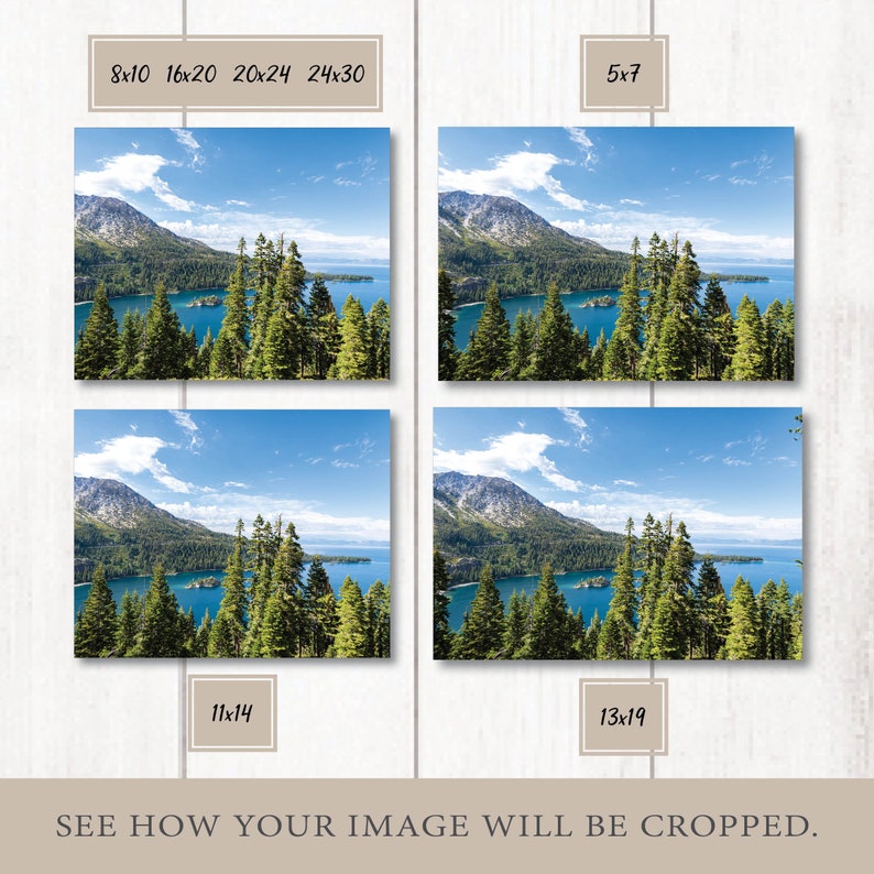 May include: A collage of four images showing different crops of a landscape photograph. The image shows a mountain range, a lake, and trees. The images are labeled with the dimensions of the crops, such as 8x10, 16x20, 20x24, 24x30, 5x7, 11x14, and 13x19.