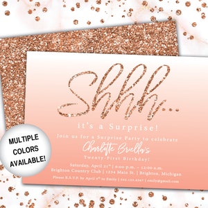 Invitación a fiesta sorpresa en oro rosa Shh it&#39;s a Surprise, degradado difuminado / Plantilla para fiesta de cumpleaños sorpresa en oro rosa / Sorpresa impresa en oro rosa