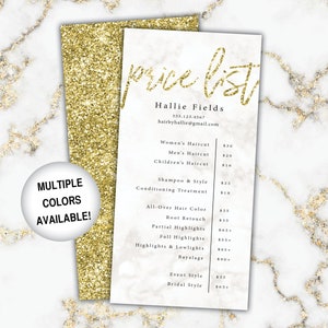 Lista de precios de oro para plantilla de cabello / Lista de precios imprimible para peluquería / Folleto de lista de precios Brillo de oro / Lista de precios de negocios Servicios de lista de precios
