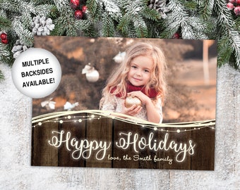 Rustic Happy Holidays Card with Photo | Holiday Card Photo | Holiday Card Rustic Wood String Lights | Holiday Card Template