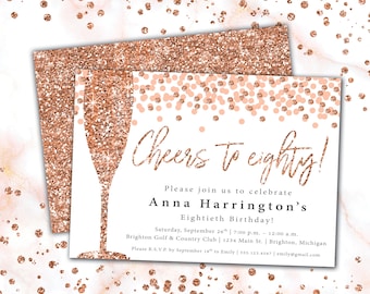 Cheers to 80 Invitation Rose Gold Champagne | 80th Birthday Invitation Template Rose Gold Glitter | Rose Gold Invitation Cheers to Eighty