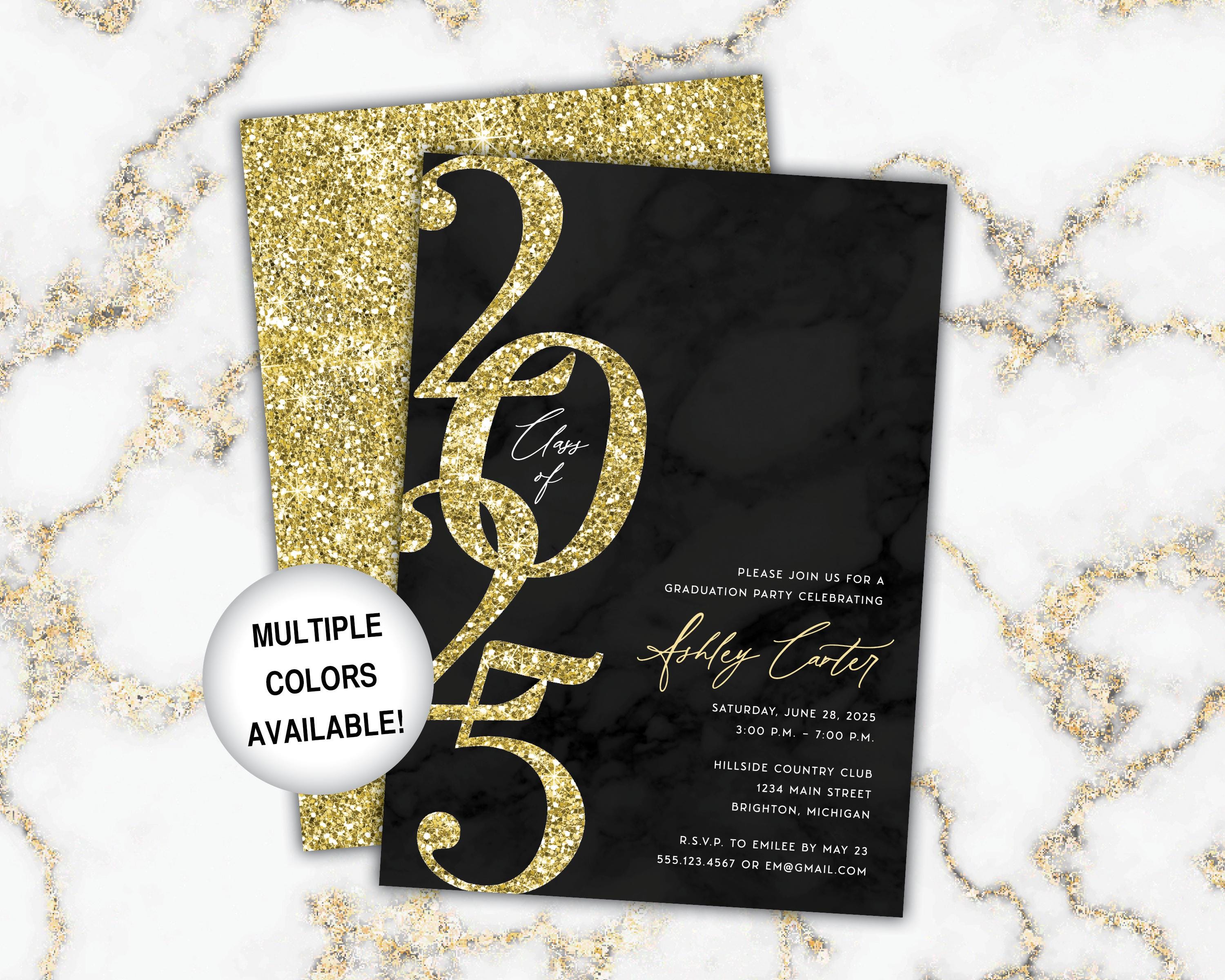 Black and Gold Graduation Party Invite Glitter | Class of 2025 Grad ...