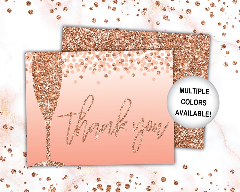 Rose Gold Thank You Cards Champagne Glass and Confetti Rose Etsy