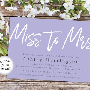 Miss to Mrs Invitation Lilac | Miss to Mrs Bridal Shower Invitation | Printable Bridal Shower Invitation | From Miss to Mrs Invite Lavender