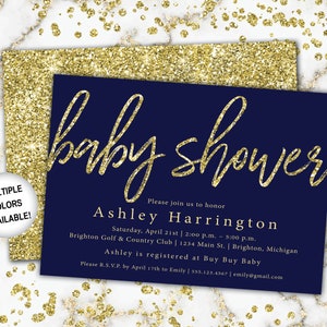 Navy and Gold Baby Shower Invitation | Baby Shower Invitation with Gold Glitter | Boy Baby Shower Invitations | Baby Shower Invites Boy