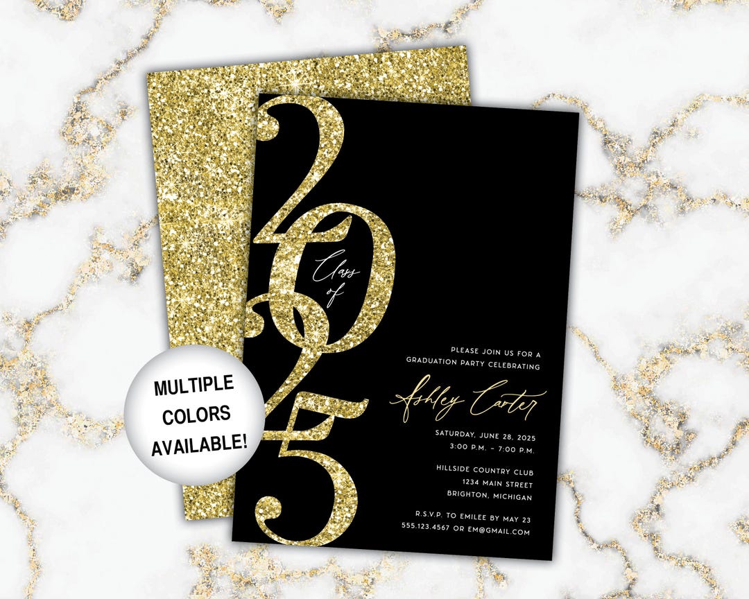 Black and Gold Graduation Party Invite Glitter | Class of 2025 Grad ...