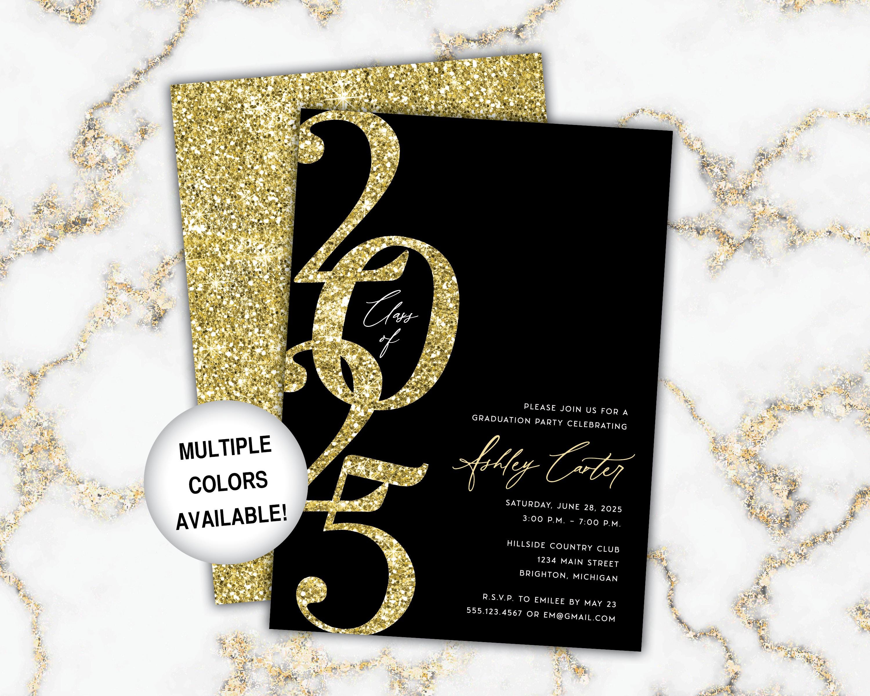Black and Gold Graduation Party Invite Glitter | Class of 2025 Grad ...