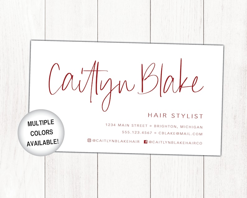 May include: A white business card with red text. The text reads "Caitlyn Blake, Hair Stylist, 1234 Main Street, Brighton, Michigan, 555.123.4567, CBlake@mail.com, @CaitlynBlakeHair, fCaitlynBlakeHairCo".