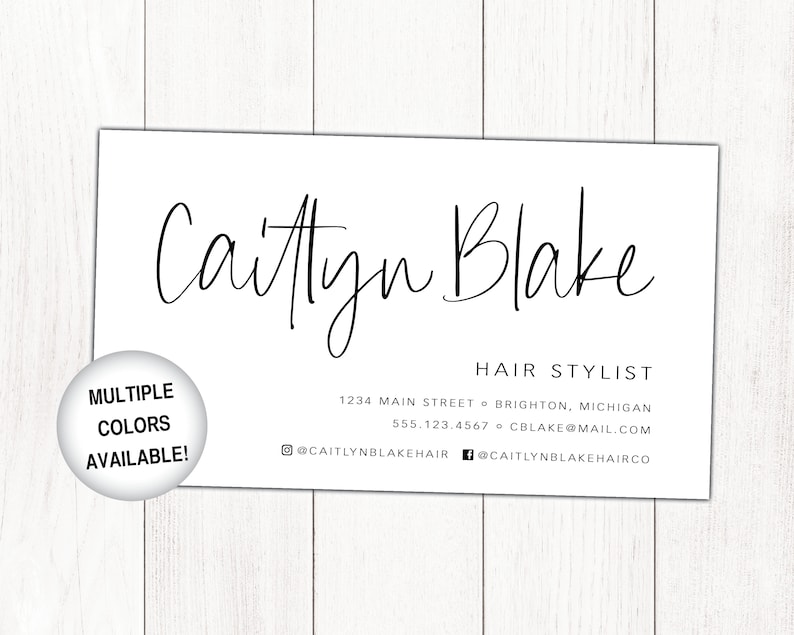 May include: A white business card with black text. The card reads "Caitlyn Blake, Hair Stylist" and includes contact information: 1234 Main Street, Brighton, Michigan, 555.123.4567, CBlake@mail.com, @CaitlynBlakeHair, @CaitlynBlakeHairCo.