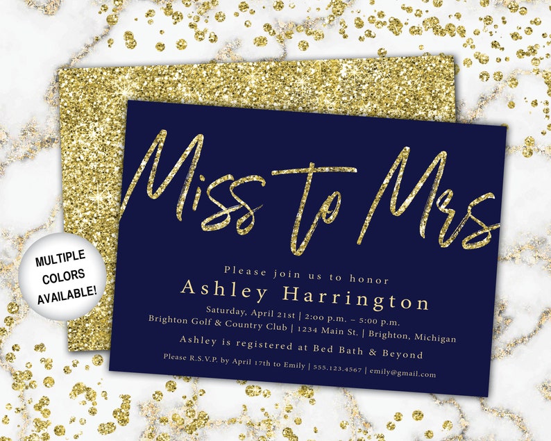 Miss to Mrs Bridal Shower Invitation Navy and Gold Bridal Shower Invitation Miss to Mrs Gold Glitter Gold and Navy From Miss to Mrs image 1