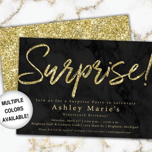 Black and Gold Surprise Party Invitation Surprise Birthday Invitation Template Gold Glitter Surprise Invite Printed or Digital File image 6