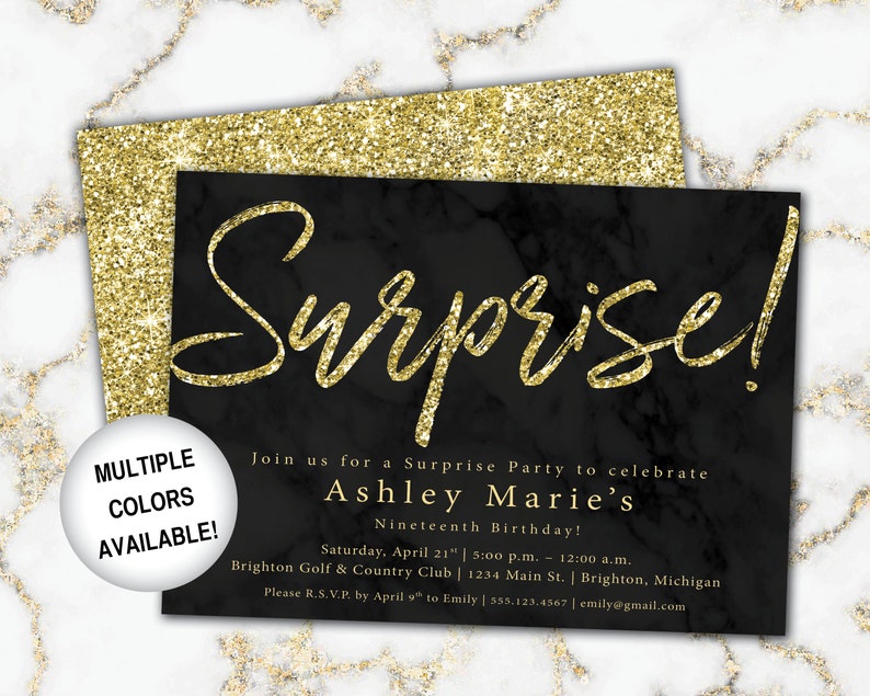 Black and Gold Surprise Party Invitation Surprise Birthday Invitation Template Gold Glitter Surprise Invite Printed or Digital File image 6