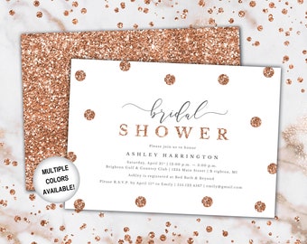 Rose Gold Glitter Bridal Shower Invitation | Glitter Polka Dot Bridal Shower Invitation Rose Gold | Wedding Shower Invitation | Template
