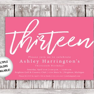 Printable 13th Birthday Invitations Pink | Thirteenth Birthday Party Invitations Template | Printable 13th Birthday Invites