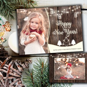 Rustieke nieuwe jaar kaart met foto | Happy New Year kaart | Kerstkaart foto | Rustieke houten String Lights | Kerstkaart sjabloon