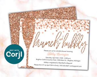 Rose Gold Brunch and Bubbly Digital Template for Bridal Shower, You Edit with Corjl, Editable Invitation, Personalizable, Instant Download