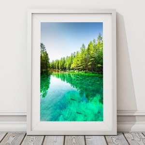 May include: A framed photograph of a tranquil forest scene with a clear, blue-green river flowing through it. The water is crystal clear, revealing the bottom of the riverbed. The trees are lush and green, and the sky is a bright blue.