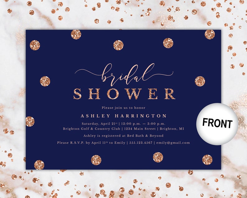 Rose Gold and Navy Bridal Shower Invitation Glitter Polka Etsy