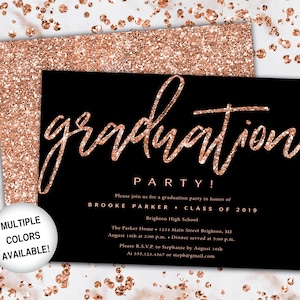 Rose Gold and Black Graduation Party Invitation | Rose Gold Grad Party Invitation | Printable Graduation Party Invitation Rose Gold Glitter