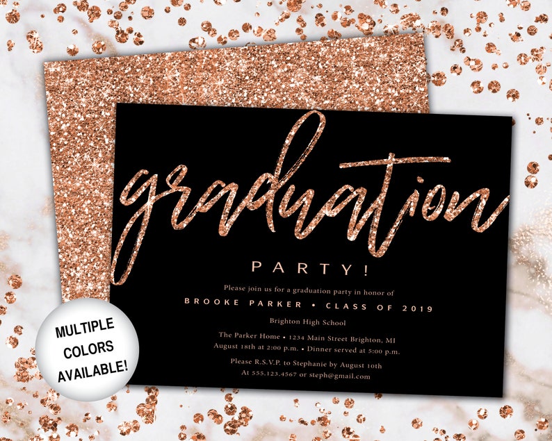 Rose Gold and Black Graduation Party Invitation Rose Gold Grad Party Invitation Printable Graduation Party Invitation Rose Gold Glitter image 1