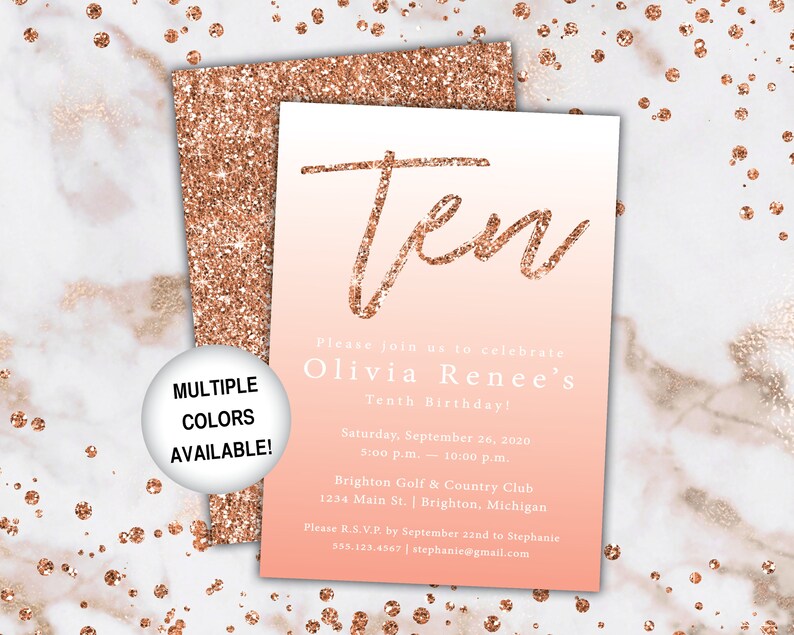 10th Birthday Invitation Rose Gold Tenth Birthday Invitation Template Rose Gold Rose Gold 10th Birthday Invitation Party Invite image 9