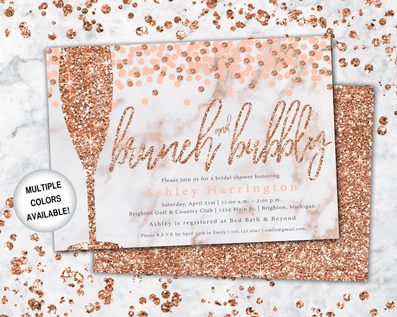 Brunch and Bubbly Bridal Shower Invitation Rose Gold and Navy Brunch & Bubbly Invitation Glitter Brunch and Bubbly with Champagne image 7