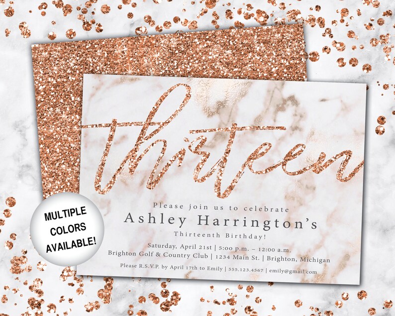 13th Birthday Invitation Rose Gold Thirteenth Birthday Invitation Template Rose Gold Rose Gold 13th Birthday Invitation Party Invite image 6