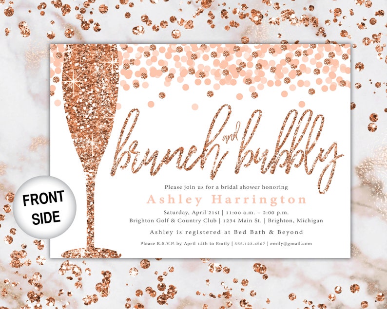 Brunch and Bubbly Bridal Shower Invitation Rose Gold and Navy Brunch & Bubbly Invitation Glitter Brunch and Bubbly with Champagne image 5