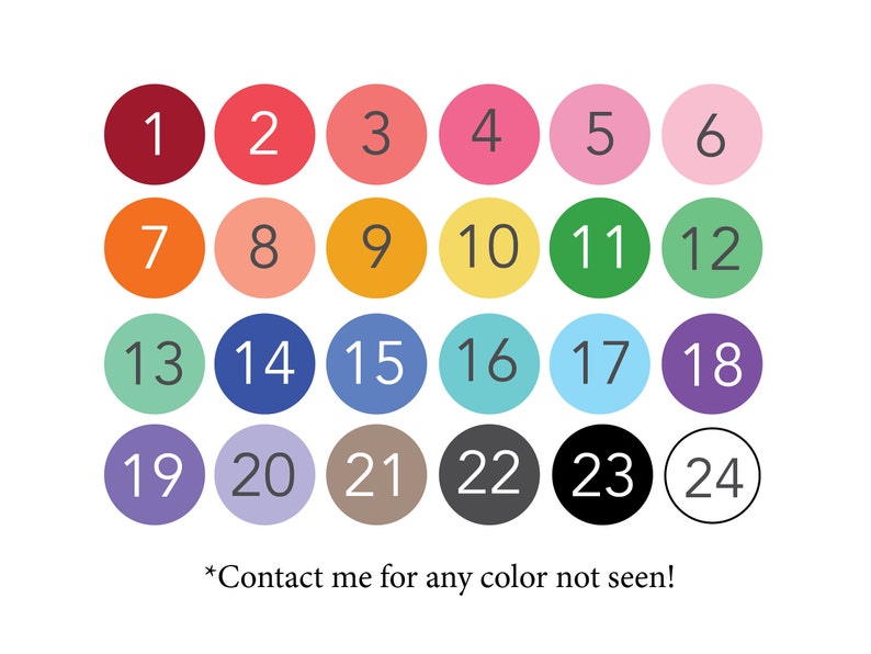 May include: A chart of 24 color swatches, each with a white circle containing a number from 1 to 24. The colors range from red to purple, with shades of orange, yellow, green, blue, and gray.