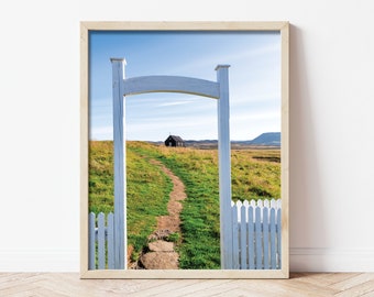Krýsuvík Church Iceland Photography, Icelandic Church with White Picket Fence, South Iceland Photo Print Wall Art, Brown Chuch with Cross