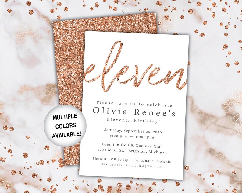 11th Birthday Invitation Rose Gold Eleventh Birthday Invitation Template Rose Gold Rose Gold 11th Birthday Invitation Party Invite image 5