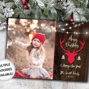 Rustieke kerstkaart met foto | Kerstkaart Foto | Kerstkaart Rustiek hout en herten | Kerstkaart Sjabloon