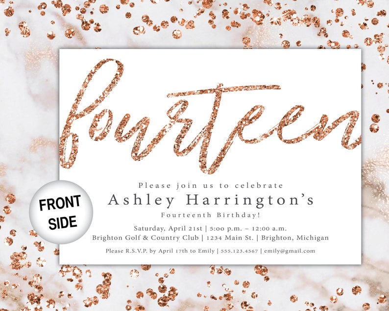 14th Birthday Invitation Rose Gold Fourteenth Birthday Invitation Template Rose Gold Rose Gold 14th Birthday Invitation Party Invite image 3